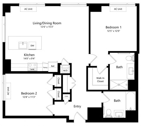 Two Bedroom Floor Plan at One East Harlem Luxury Apartments in East Harlem NY